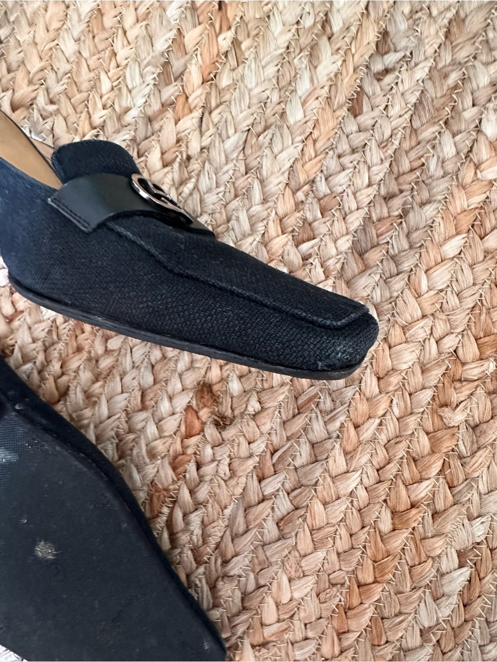 GUCCI Black Canvas + Leather Square Toe Heel-Silver GG Metal Monogram Size 10 - Picture 7 of 8